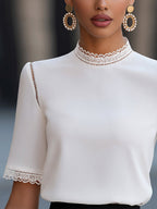 Charlene - Women's Lace-Trim Mock Neck Blouse with Half Sleeves