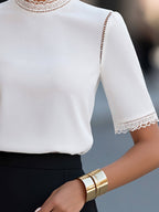 Charlene - Women's Lace-Trim Mock Neck Blouse with Half Sleeves