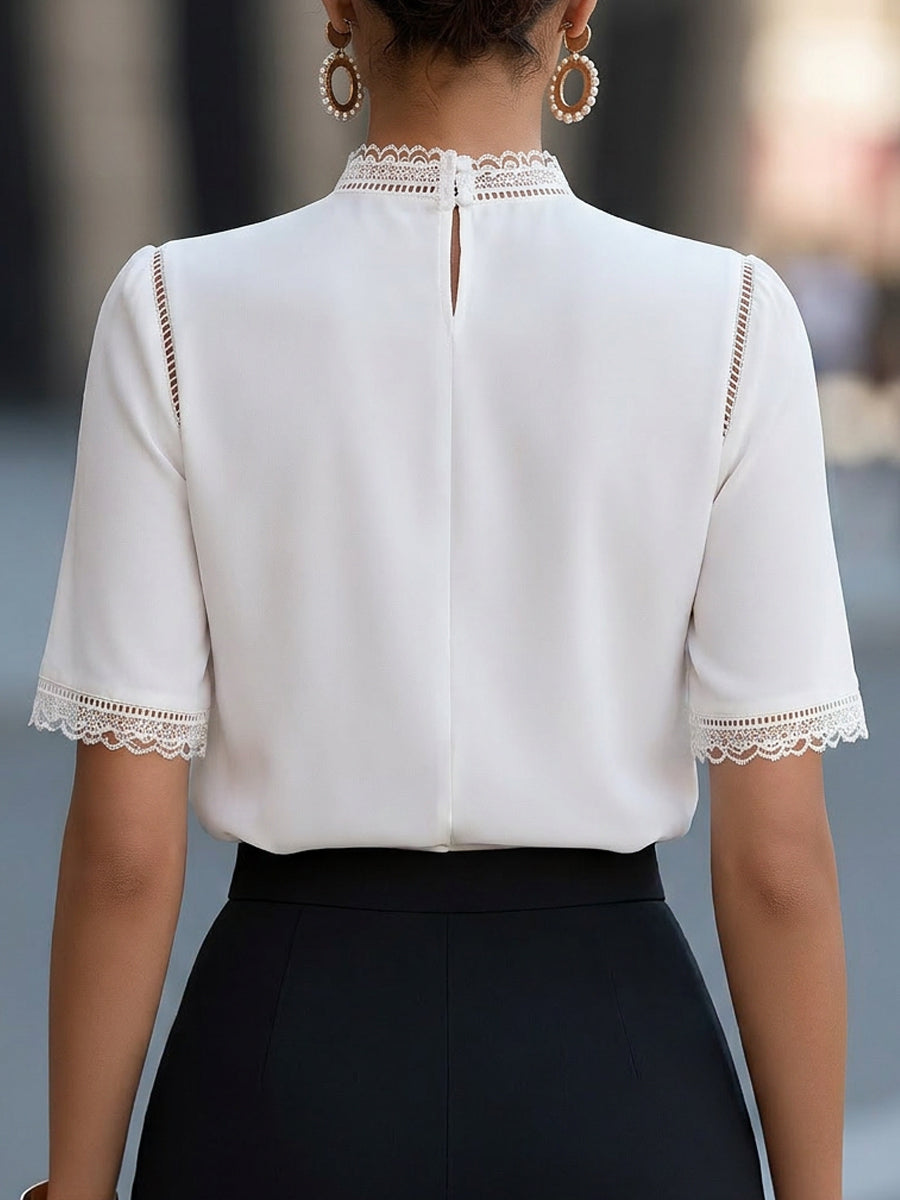 Charlene - Women's Lace-Trim Mock Neck Blouse with Half Sleeves