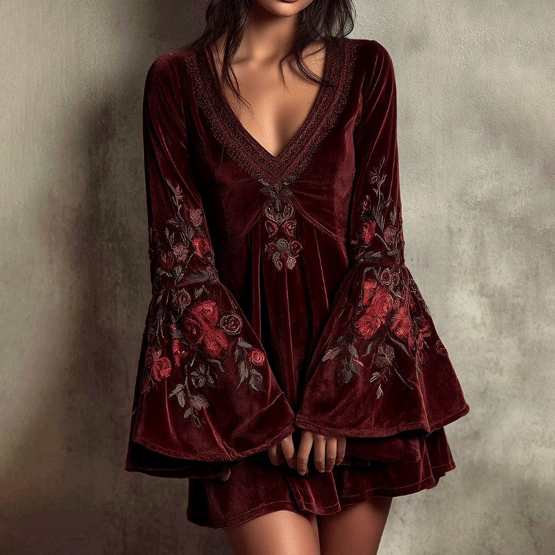 Chelsea - Women's Velvet Floral Embroidered Long Sleeve Dress 1