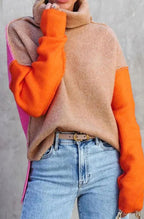 Cher - Women's Oversized Turtleneck Color-Block Knit Sweater