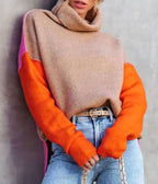 Cher - Women's Oversized Turtleneck Color-Block Knit Sweater