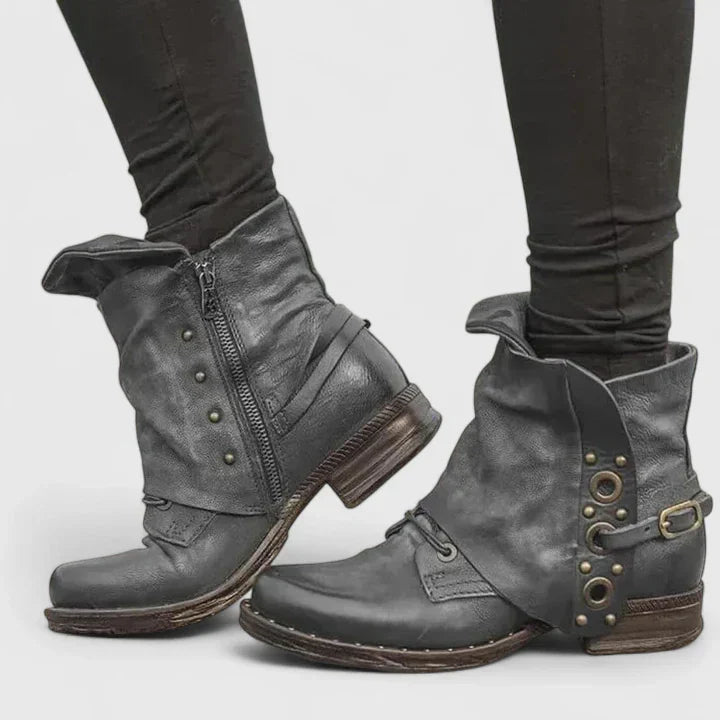 Ciara - Women's Fold-Over Ankle Boots with Stud Hardware
