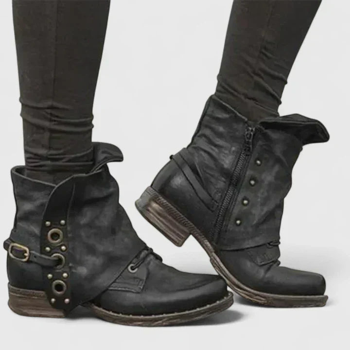 Ciara - Women's Fold-Over Ankle Boots with Stud Hardware