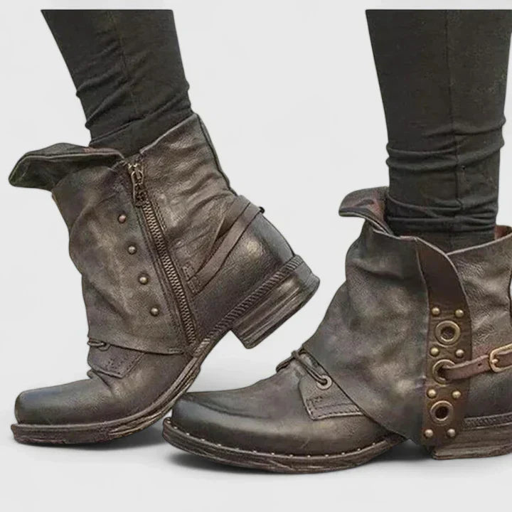 Ciara - Women's Fold-Over Ankle Boots with Stud Hardware