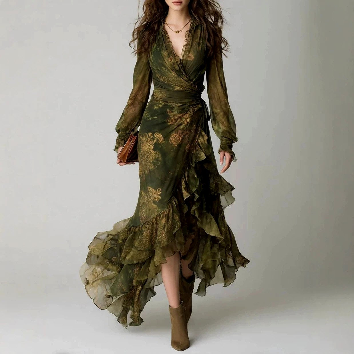 Claudette - Women's Floral Long Sleeve High-Low Maxi Dress 1