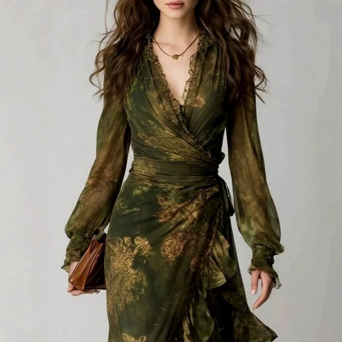 Claudette - Women's Floral Long Sleeve High-Low Maxi Dress 3