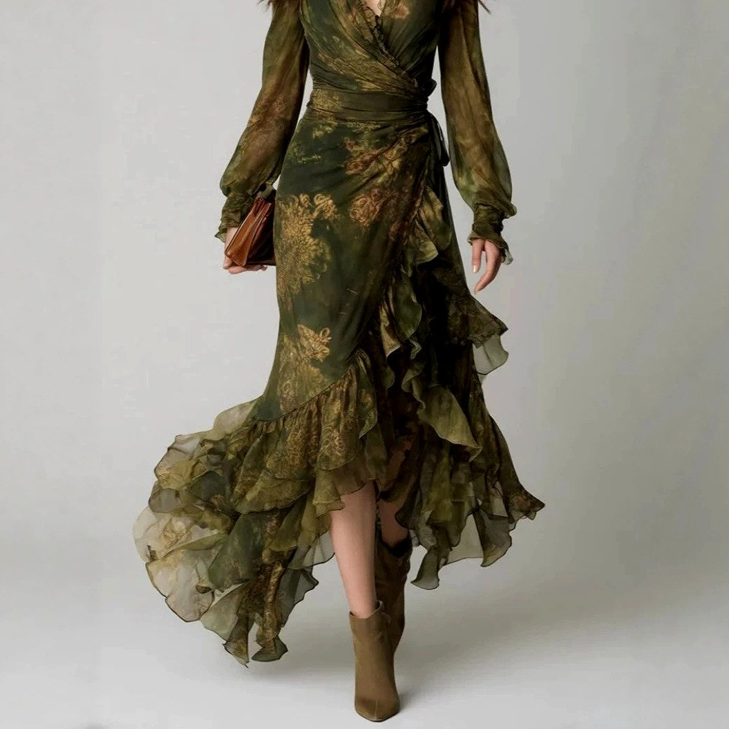 Claudette - Women's Floral Long Sleeve High-Low Maxi Dress 4