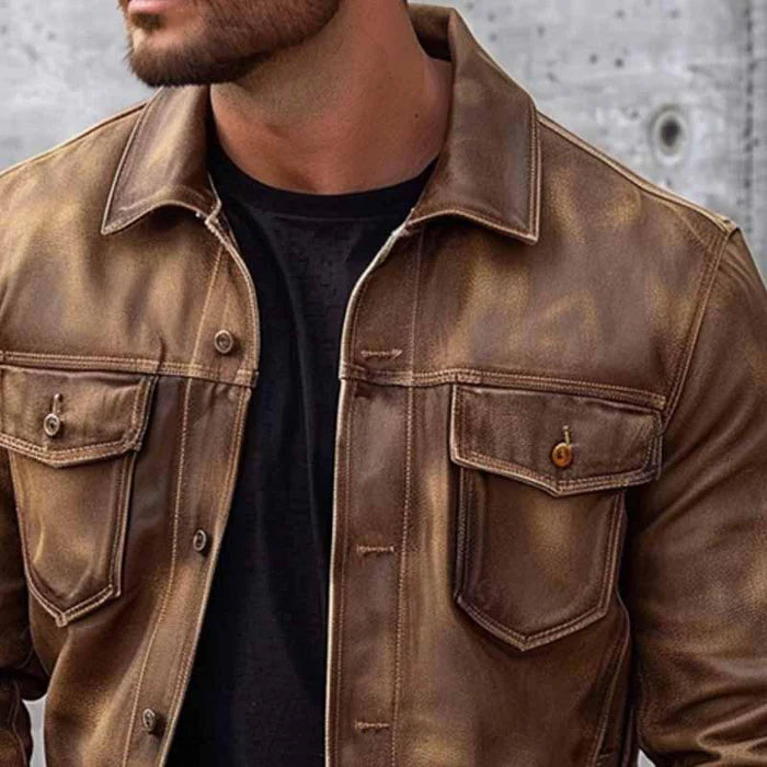 Corwin - Men's Distressed Leather Button-Front Shirt Jacket