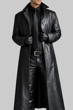 Dean - Men's Long Leather Overcoat with Button Collar 1