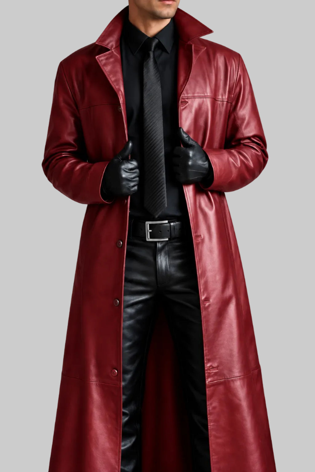 Dean - Men's Long Leather Overcoat with Button Collar 3