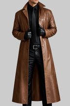 Dean - Men's Long Leather Overcoat with Button Collar 4