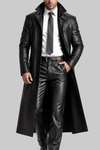 Dean - Men's Long Leather Overcoat with Button Collar 5