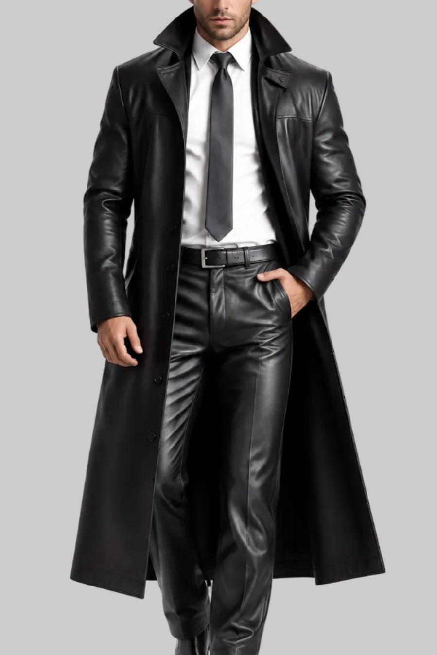 Dean - Men's Long Leather Overcoat with Button Collar 5