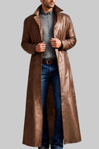 Dean - Men's Long Leather Overcoat with Button Collar 7