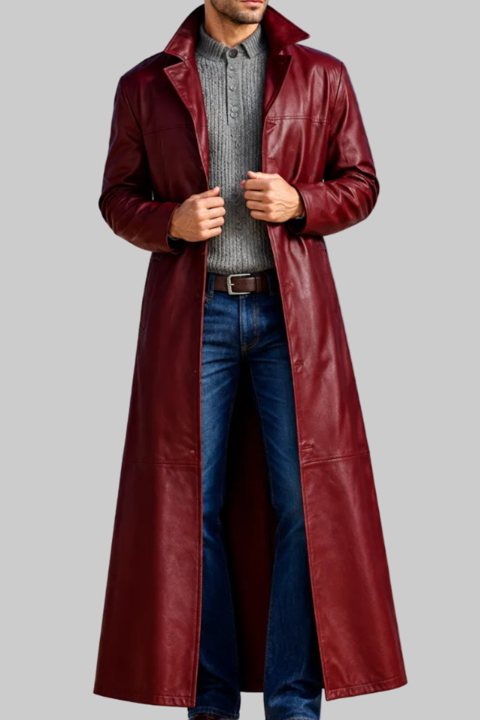 Dean - Men's Long Leather Overcoat with Button Collar 8