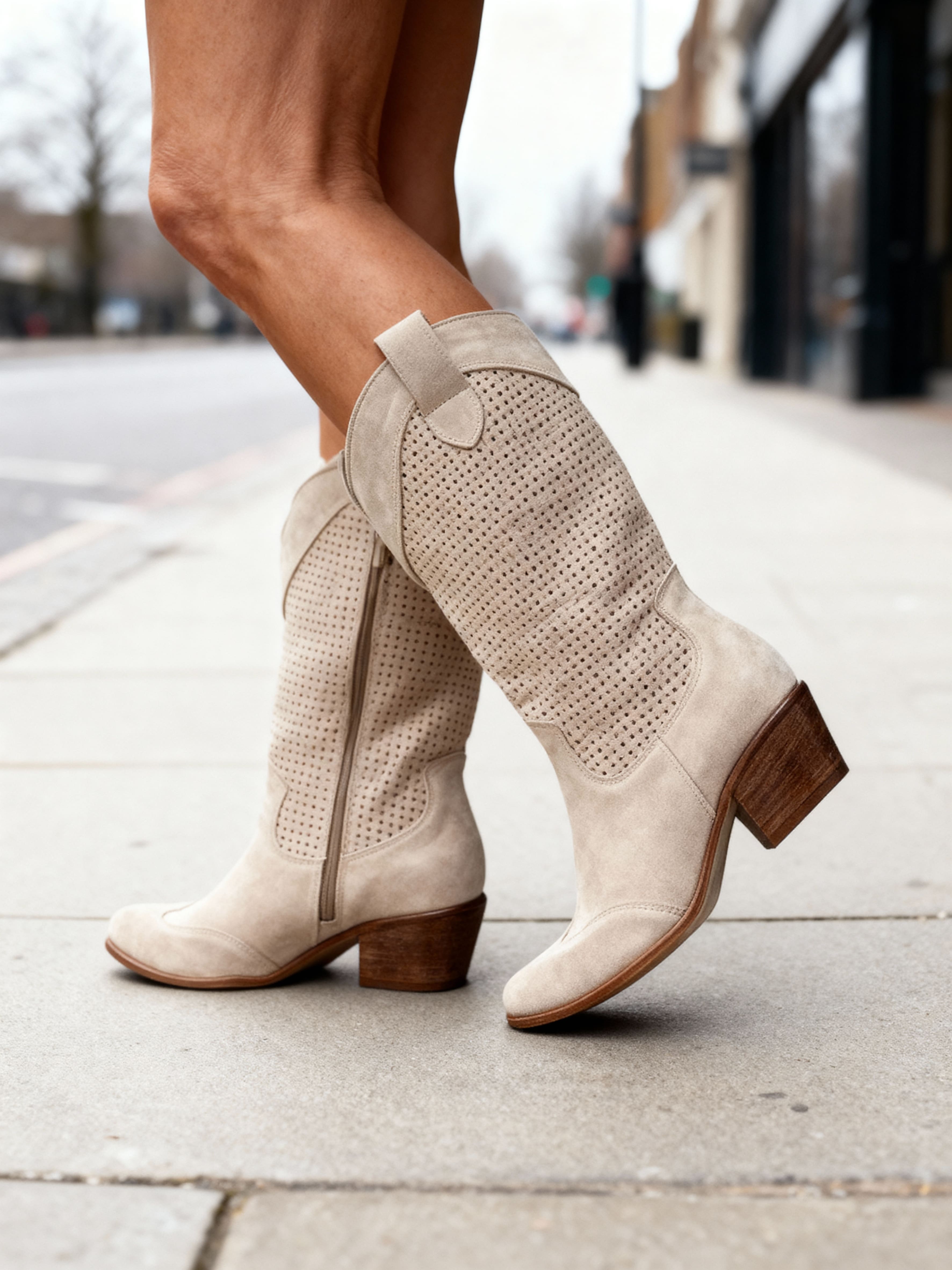 Delilah - Women's Perforated Suede Knee-High Boots