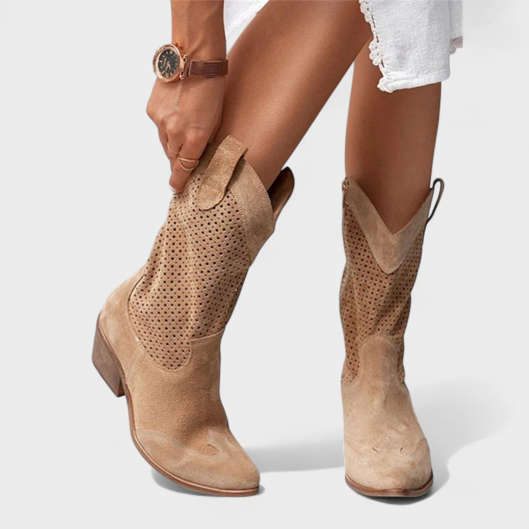 Delilah - Women's Perforated Suede Knee-High Boots