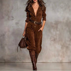 Dianne - Women's Suede Long Sleeve Collared Jumpsuit 1