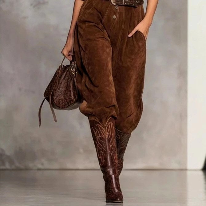 Dianne - Women's Suede Long Sleeve Collared Jumpsuit 3