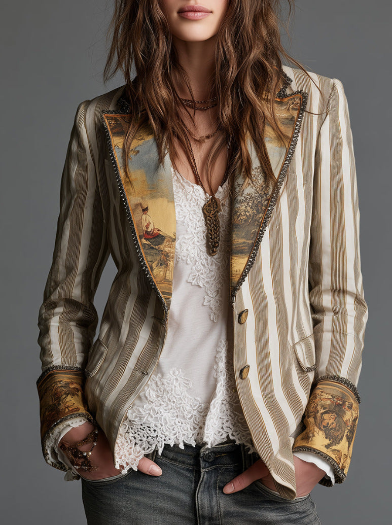 Edith - Women's Vintage Print Striped Fitted Blazer 1