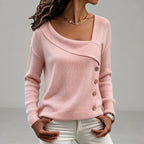 Elise  - Women's Asymmetric Neck Button Sweater