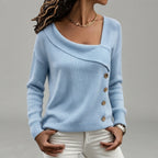 Elise  - Women's Asymmetric Neck Button Sweater