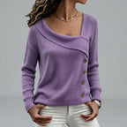 Elise  - Women's Asymmetric Neck Button Sweater
