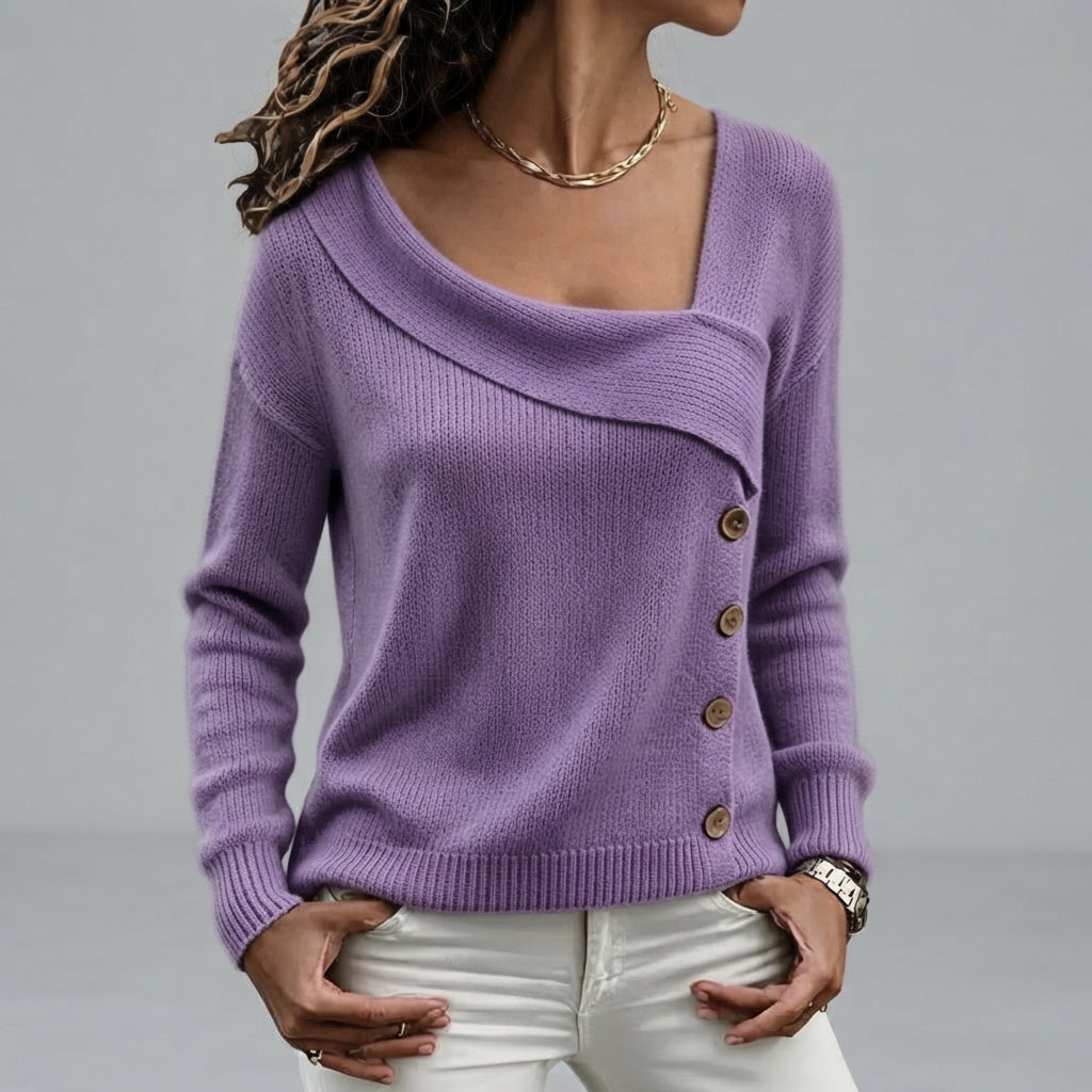 Elise  - Women's Asymmetric Neck Button Sweater