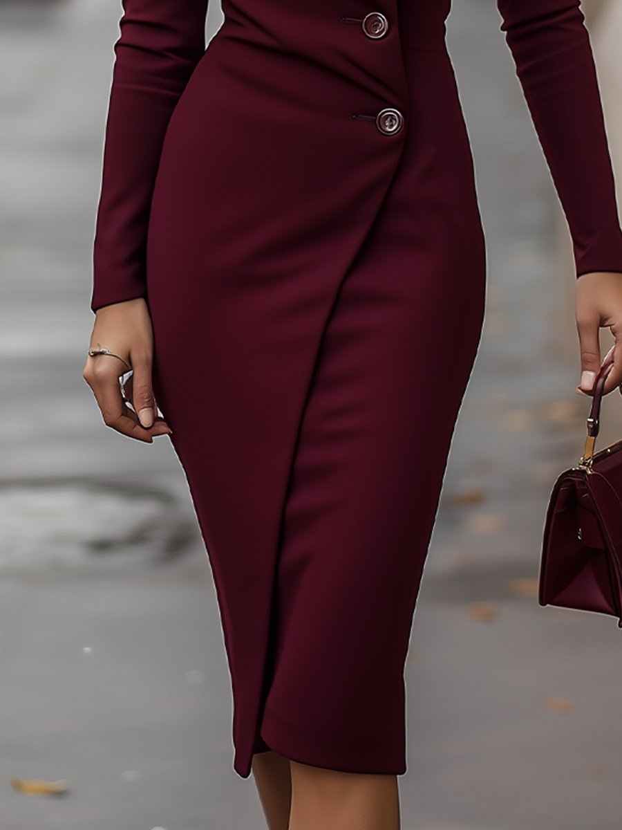 Elowen - Women's Wrap-Front Button Midi Dress