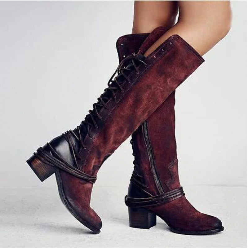 Emmeline - Women’s Lace Up Knee High Block Heel Boots 1