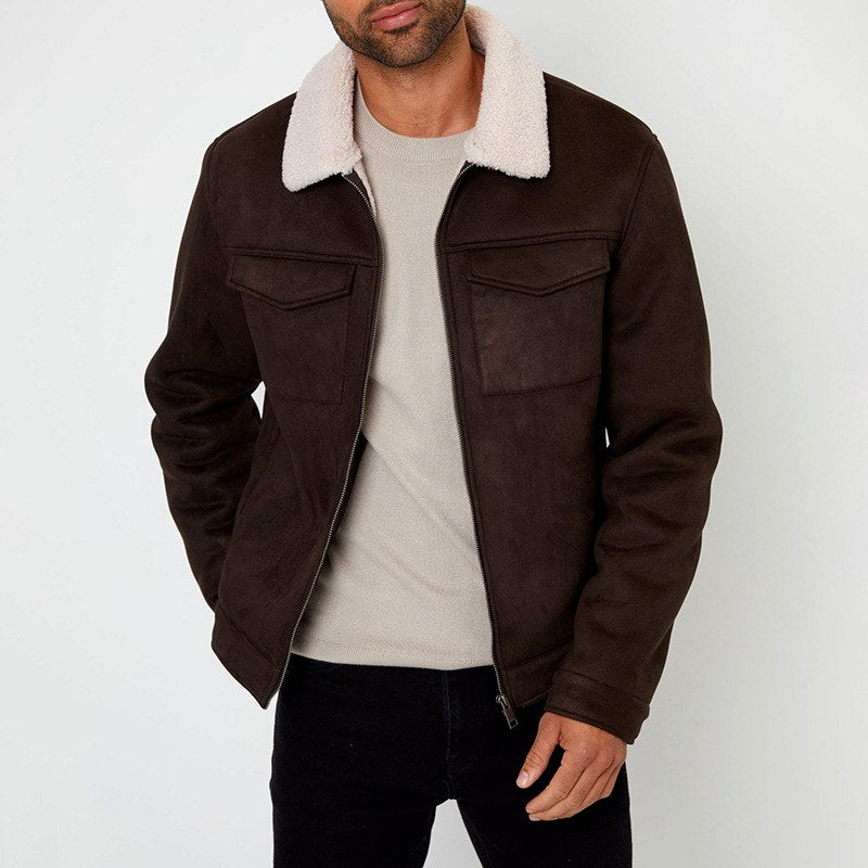 Erik - Men's Zip-Front Jacket with Faux Fur Collar and Flap Pockets 3