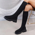 Eulalie - Women's Ribbed Knit Knee-High Boots with Lug Sole