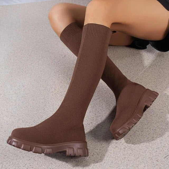 Eulalie - Women's Ribbed Knit Knee-High Boots with Lug Sole