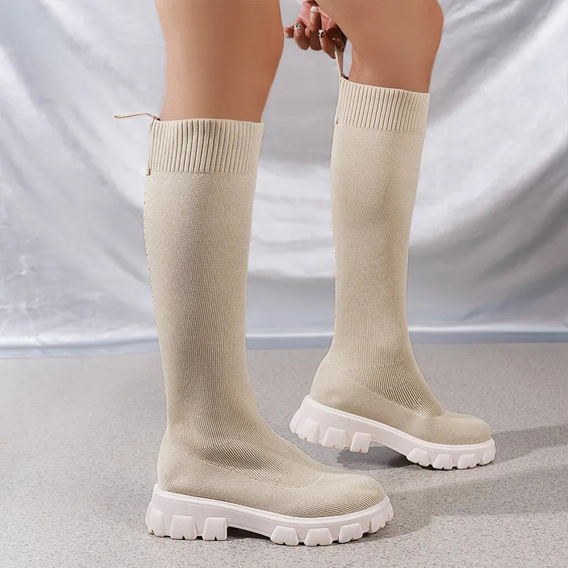 Eulalie - Women's Ribbed Knit Knee-High Boots with Lug Sole