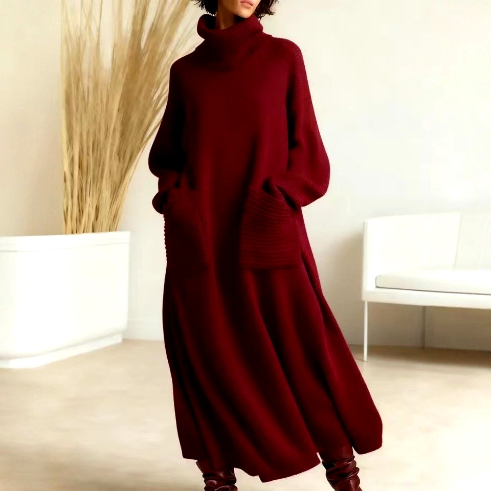 Evangelina - Women's Wool Turtleneck Loose Maxi Dress 7