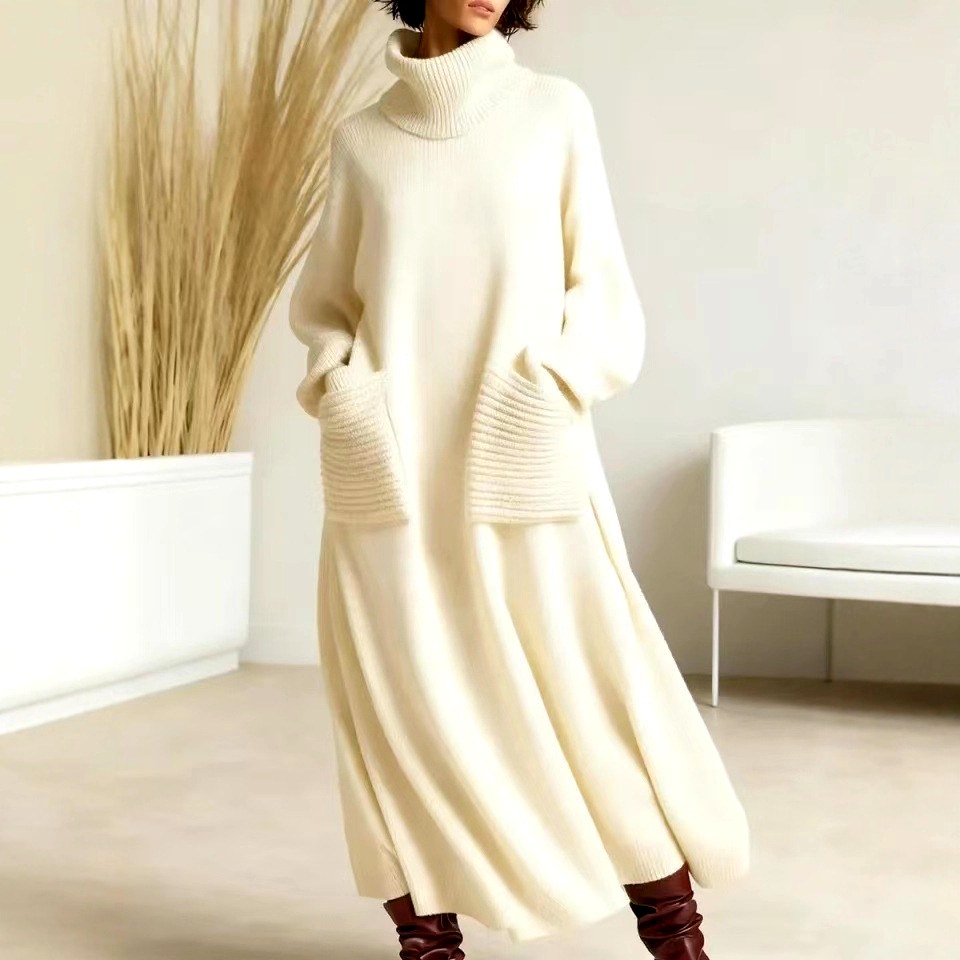 Evangelina - Women's Wool Turtleneck Loose Maxi Dress 8