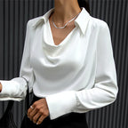 Evelyn - Women's Draped Collar Satin Blouse with Long Sleeves