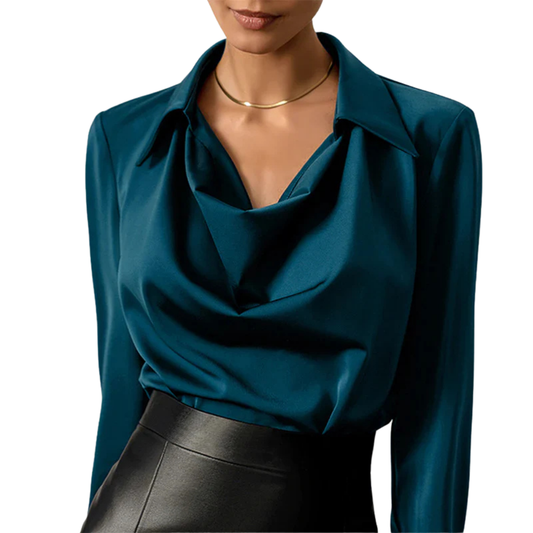Evelyn - Women's Draped Collar Satin Blouse with Long Sleeves