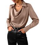 Evelyn - Women's Draped Collar Satin Blouse with Long Sleeves