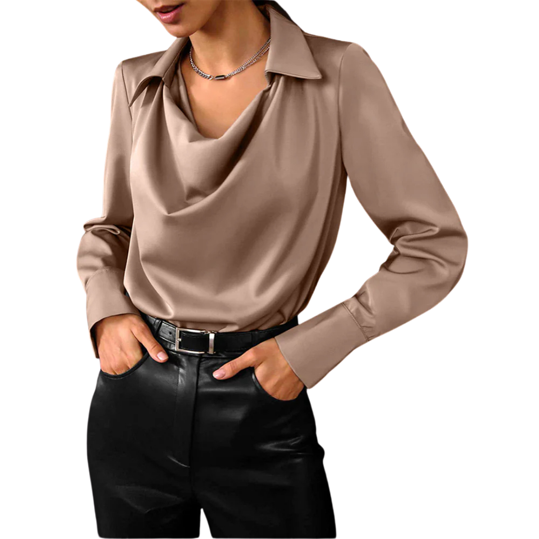 Evelyn - Women's Draped Collar Satin Blouse with Long Sleeves