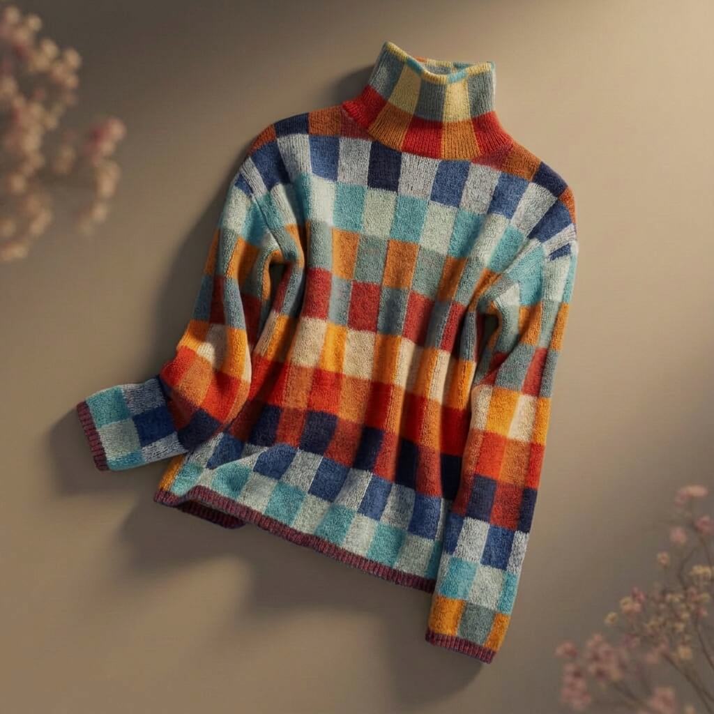 Everly - Women's Checkered Mock-Neck Merino Sweater