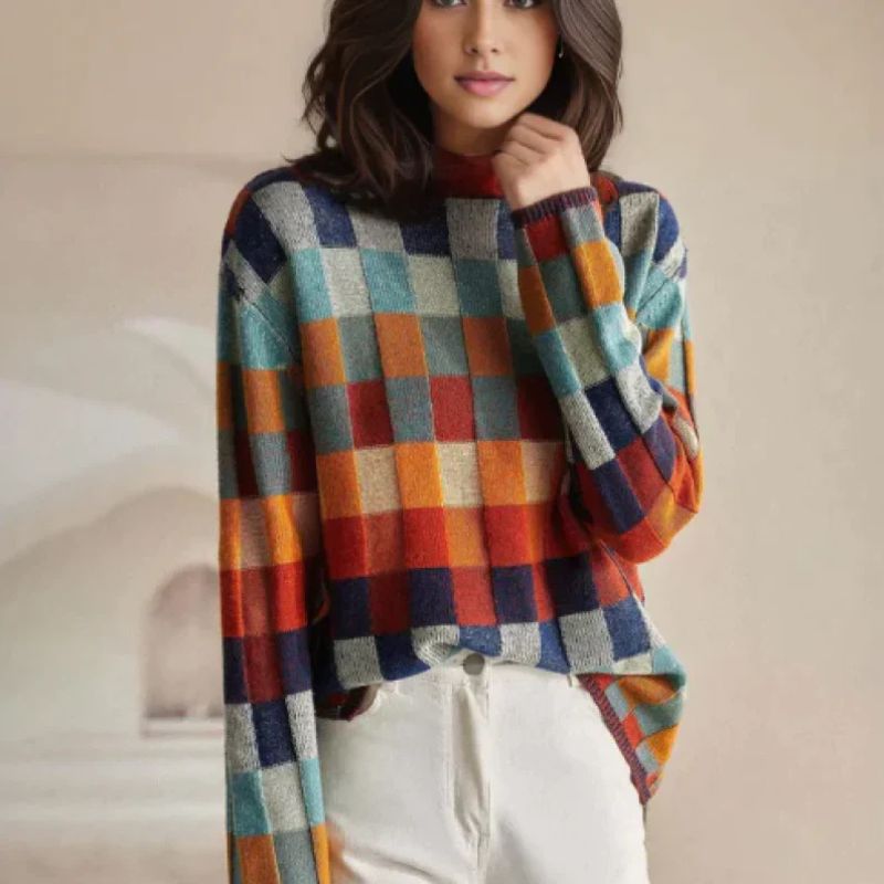 Everly - Women's Checkered Mock-Neck Merino Sweater