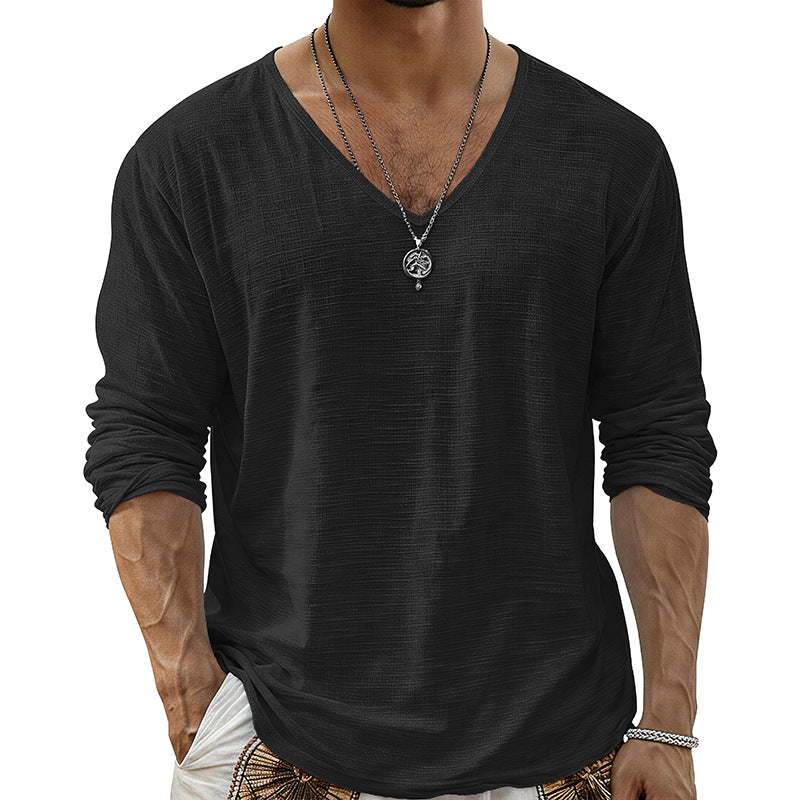 Evren - Men's Loose Fit Long Sleeve Cotton Linen V-Neck T-Shirt 1