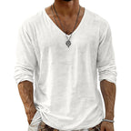 Evren - Men's Loose Fit Long Sleeve Cotton Linen V-Neck T-Shirt 3