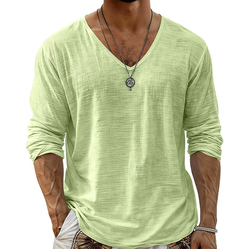 Evren - Men's Loose Fit Long Sleeve Cotton Linen V-Neck T-Shirt 5