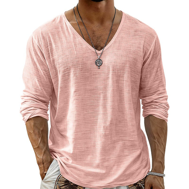 Evren - Men's Loose Fit Long Sleeve Cotton Linen V-Neck T-Shirt 6