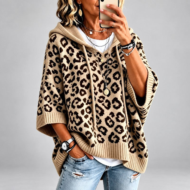 Faina - Women's Leopard Print Oversized Hooded Poncho Sweater 4