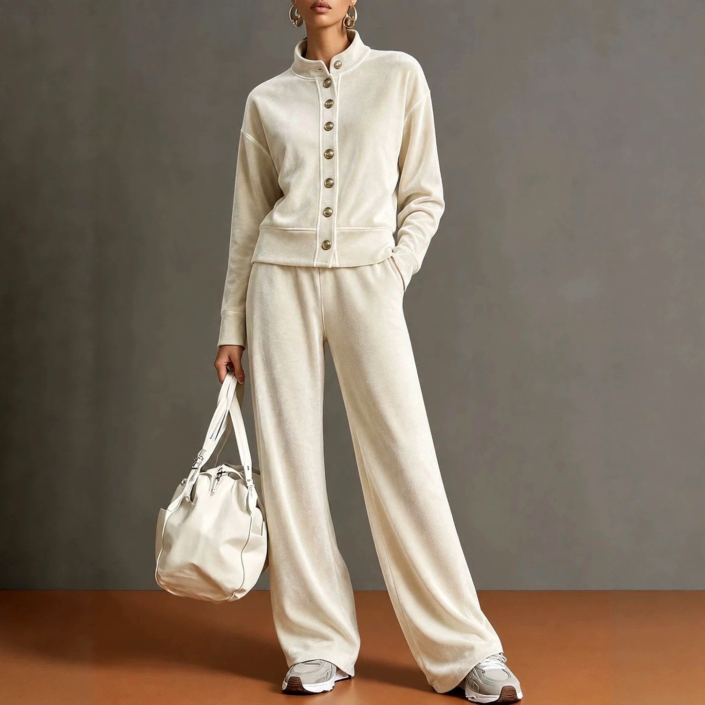 Faustine - Women's Velvet Stand Collar Matching Set 2