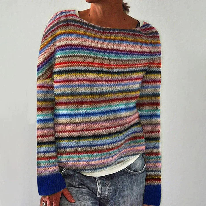Faye - Women's Multi-Striped Knit Sweater with Ribbed Cuffs